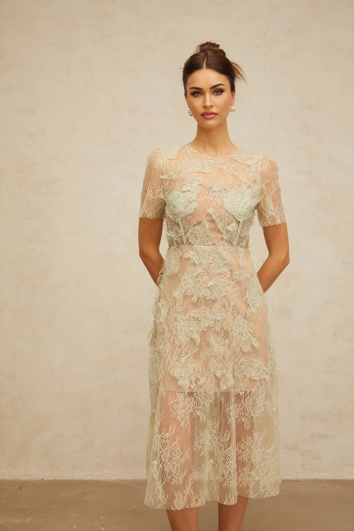 Angel Midi Dress Mint - Green Floral - Lace & Boned Bodice