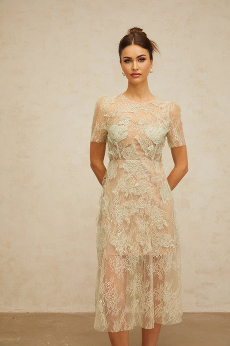Angel Midi Dress Mint - Green Floral - Lace & Boned Bodice