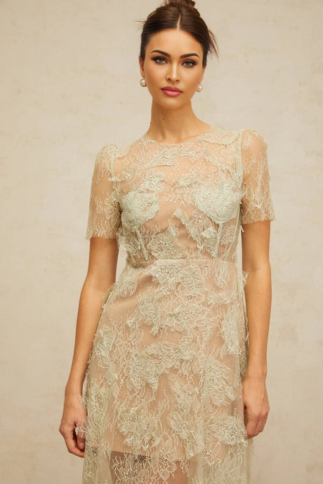 Angel Midi Dress Mint - Green Floral - Lace & Boned Bodice