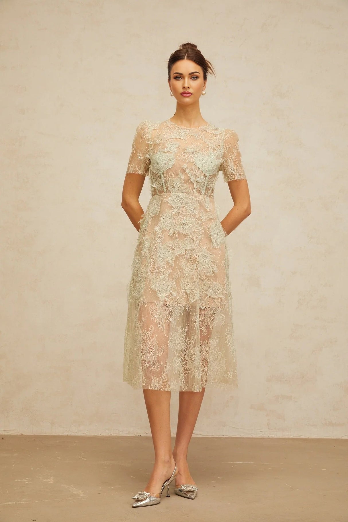 Angel Midi Dress Mint - Green Floral - Lace & Boned Bodice