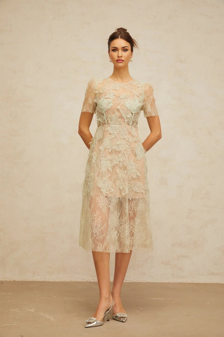 Angel Midi Dress Mint - Green Floral - Lace & Boned Bodice