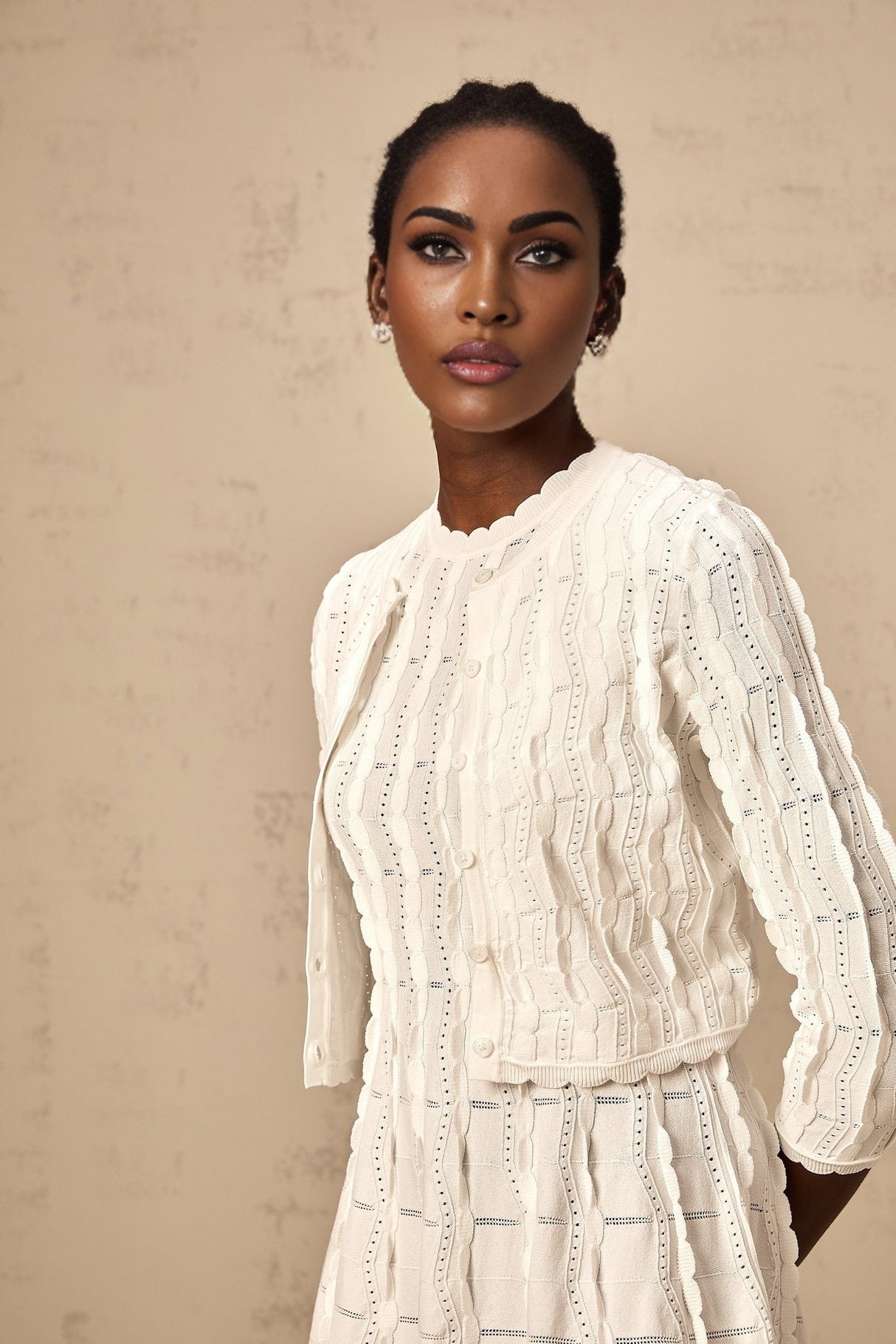 Angela Knitted Cardigan - Crew Neck - Long Sleeves - Ruffled Detailing - Scallop Hem