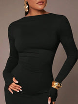 Angela Maxi Dress - Refined Style - Slim Fit Type - High Stretch Fabric Elasticity - Long Sleeve Length - Backless - Boat Neckline