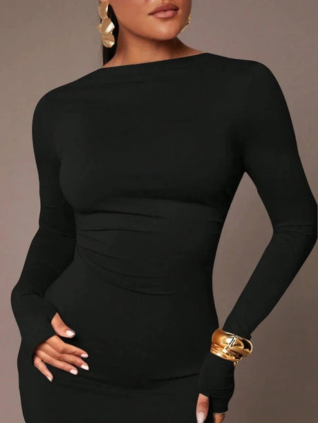 Angela Maxi Dress - Refined Style - Slim Fit Type - High Stretch Fabric Elasticity - Long Sleeve Length - Backless - Boat Neckline