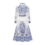 Angela Midi Dress - Long Sleeve Tulle Design - Pattern - Cinched Waist