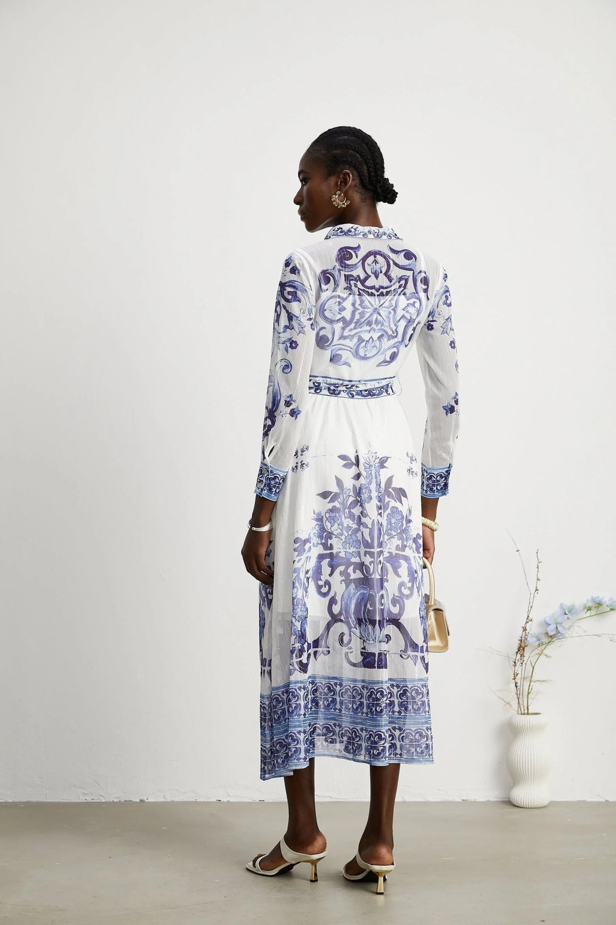Angela Midi Dress - Long Sleeve Tulle Design - Pattern - Cinched Waist