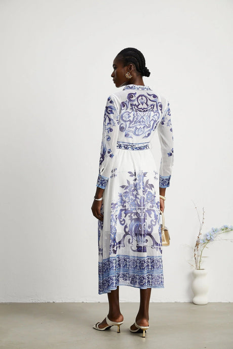 Angela Midi Dress - Long Sleeve Tulle Design - Pattern - Cinched Waist