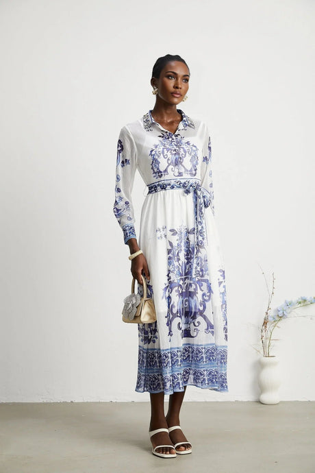 Angela Midi Dress - Long Sleeve Tulle Design - Pattern - Cinched Waist
