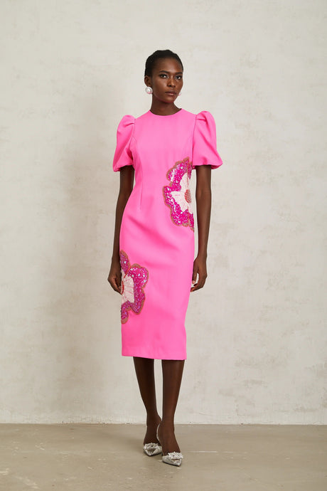 Ángela Pink Embellished Floral Midi Dress