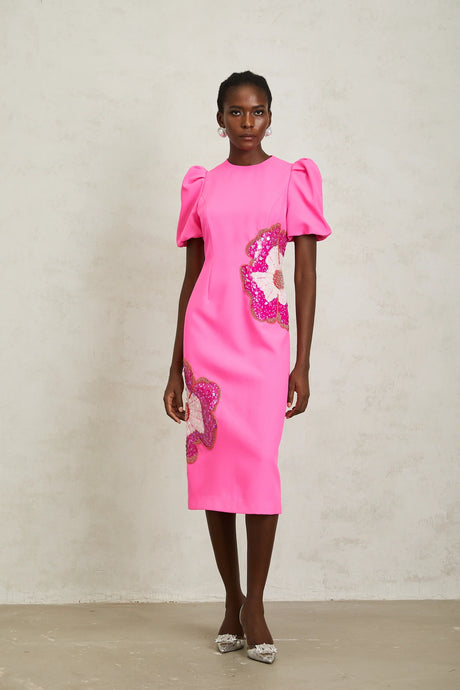 Ángela Pink Embellished Floral Midi Dress