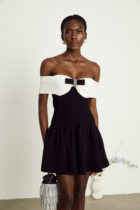 Angèle black offshoulder knitted mini dress