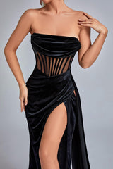 Angelica Black Velvet Corset Detail Slit Strapless Evening Dress