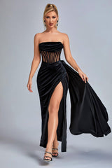 Angelica Black Velvet Corset Detail Strapless Evening Dress