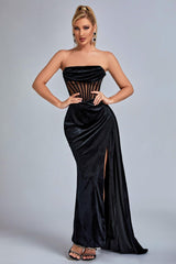 Angelica Black Velvet Corset Detail Strapless Slit Dress