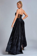 Angelica Black Velvet Corset Detail Strapless Slit Dress