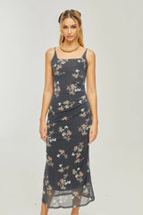 Angelica Floral Midi Dress - Delicate Spaghetti Straps - Square Neckline - Low - Cut Back - Chic Rear Slit Detail