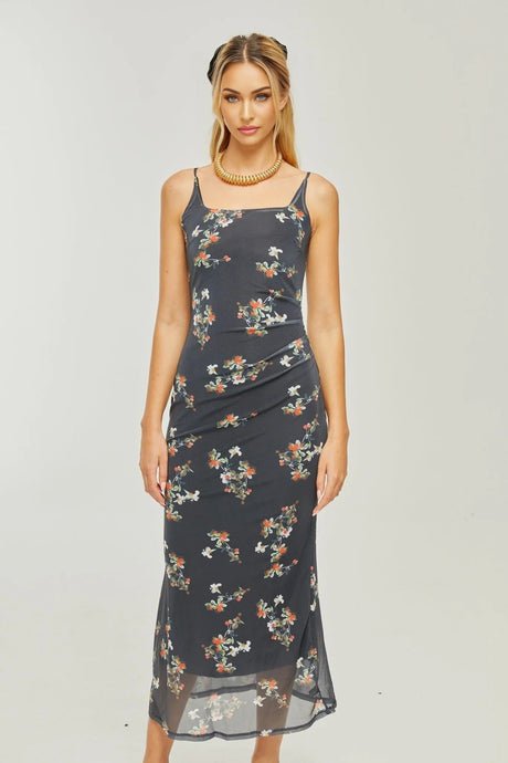 Angelica Floral Midi Dress - Delicate Spaghetti Straps - Square Neckline - Low - Cut Back - Chic Rear Slit Detail