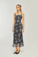Angelica Floral Midi Dress - Delicate Spaghetti Straps - Square Neckline - Low - Cut Back - Chic Rear Slit Detail