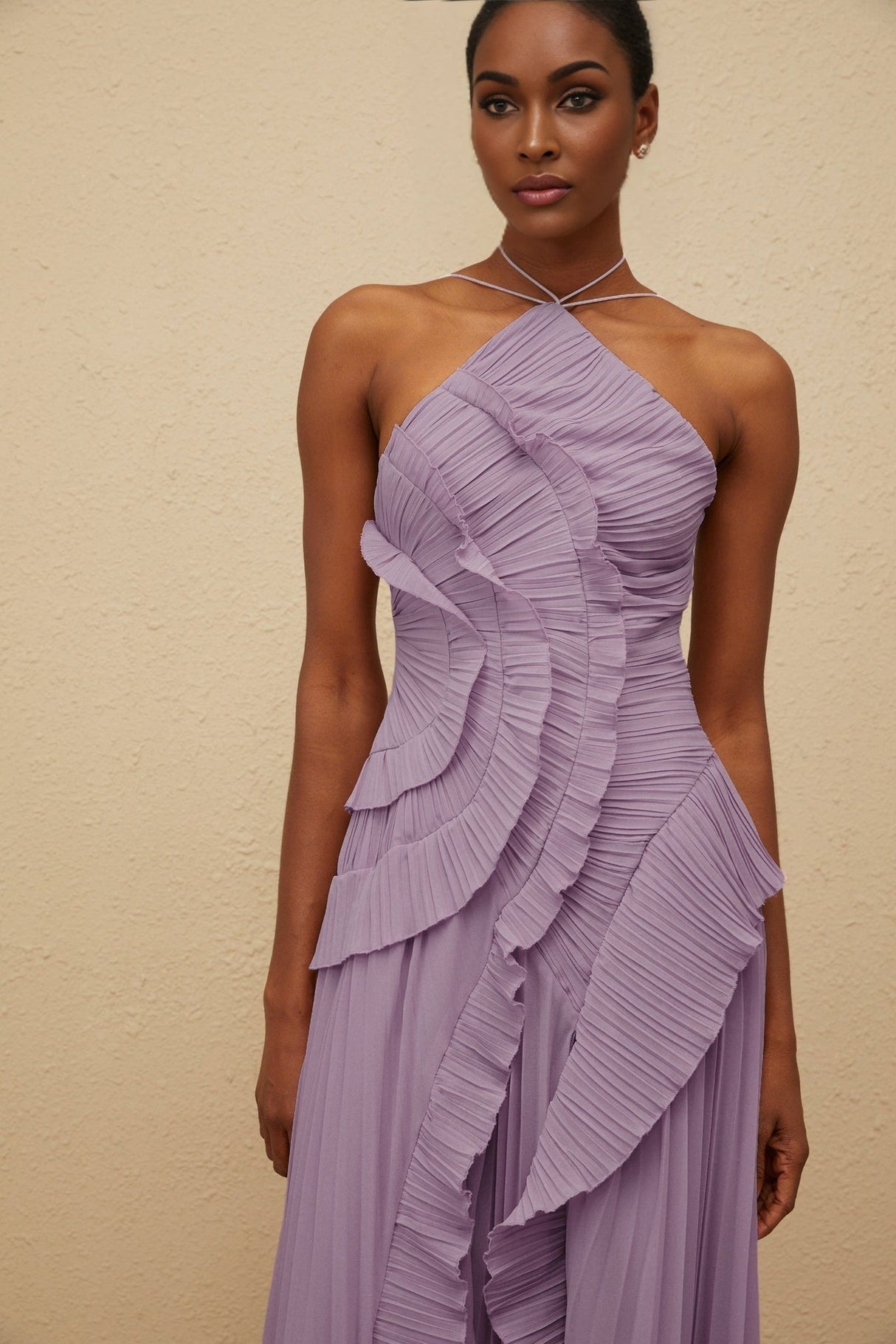 Angelica Midi Dress - Halterneck - Sleeveless - Fully - Pleated - Ruffled Trim - Asymmetrical Design