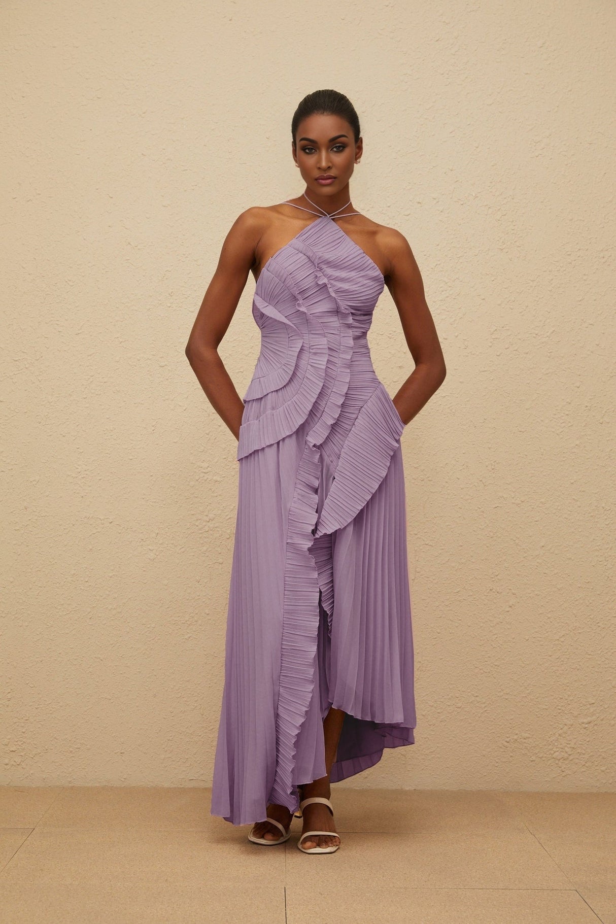 Angelica Midi Dress - Halterneck - Sleeveless - Fully - Pleated - Ruffled Trim - Asymmetrical Design