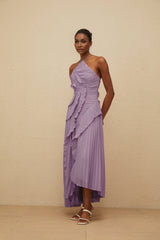 Angelica Midi Dress - Halterneck - Sleeveless - Fully - Pleated - Ruffled Trim - Asymmetrical Design
