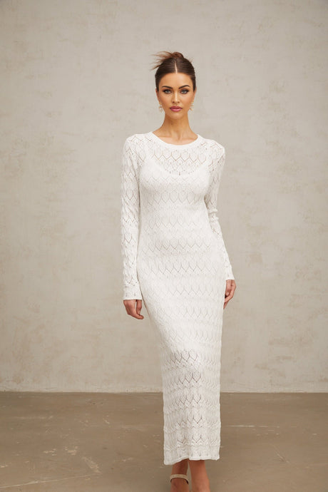 Angelica Midi Dress - Round Neck - Long Sleeves - Crochet Knit - Rear Slit