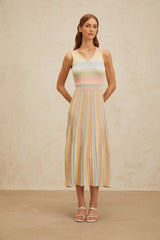 Angelica Midi Dress - Sleeveless - V - Neck - Fitted Waistline - Pleated Detailing - Stripe Pattern