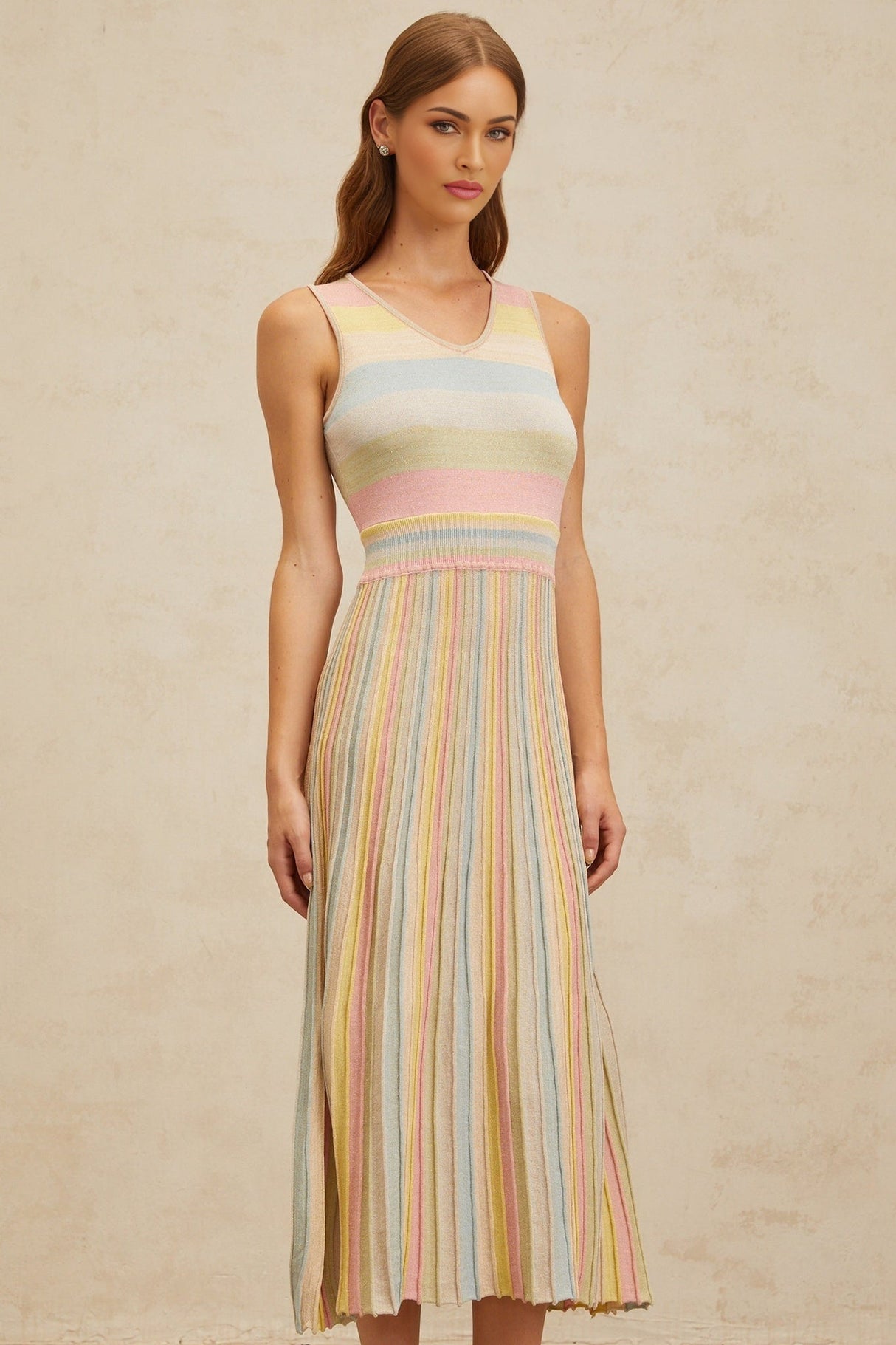 Angelica Midi Dress - Sleeveless - V - Neck - Fitted Waistline - Pleated Detailing - Stripe Pattern