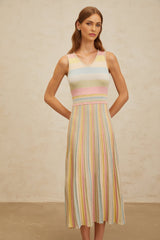 Angelica Midi Dress - Sleeveless - V - Neck - Fitted Waistline - Pleated Detailing - Stripe Pattern