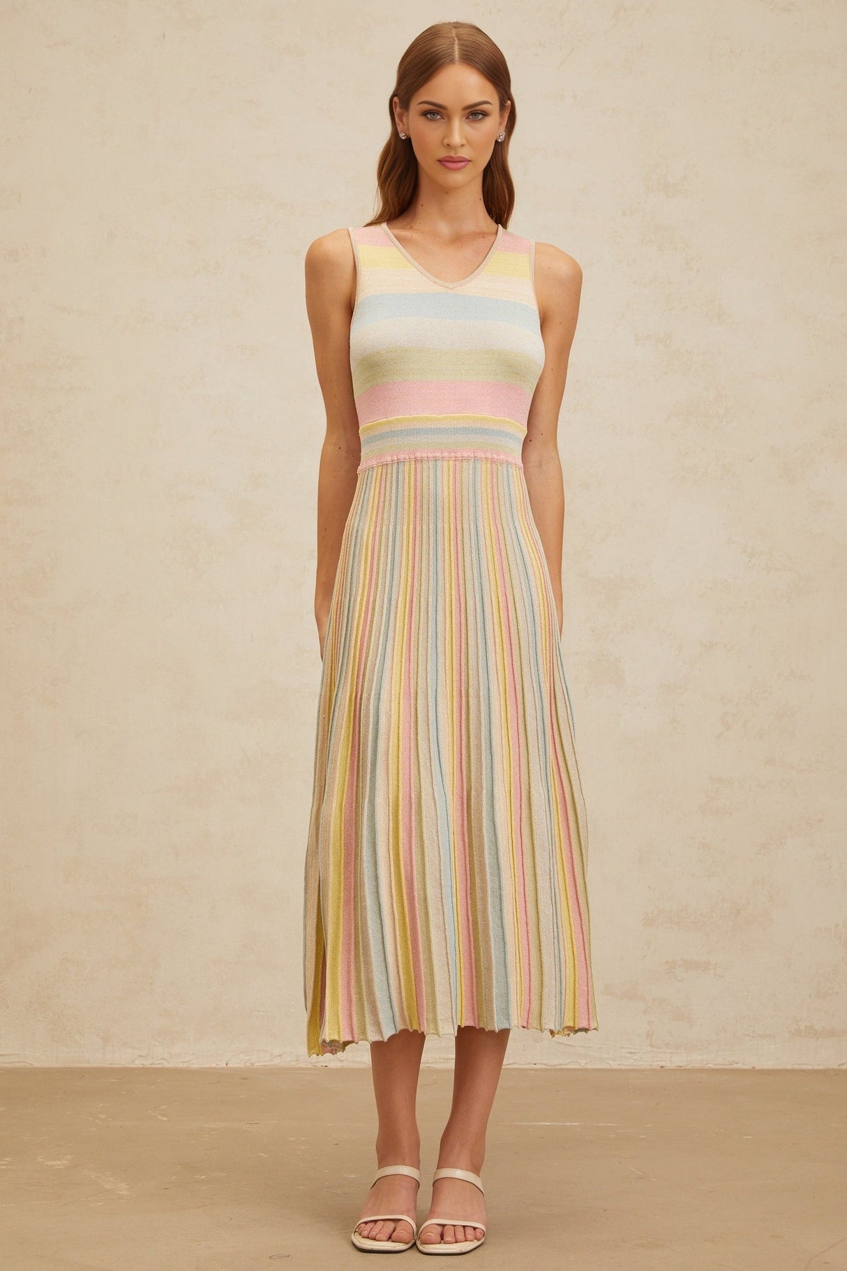 Angelica Midi Dress - Sleeveless - V - Neck - Fitted Waistline - Pleated Detailing - Stripe Pattern