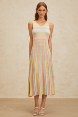 Angelica Midi Dress - Sleeveless - V - Neck - Fitted Waistline - Pleated Detailing - Stripe Pattern