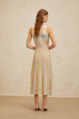 Angelica Midi Dress - Sleeveless - V - Neck - Fitted Waistline - Pleated Detailing - Stripe Pattern