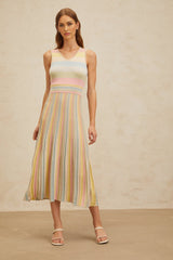 Angelica Midi Dress - Sleeveless - V - Neck - Fitted Waistline - Pleated Detailing - Stripe Pattern