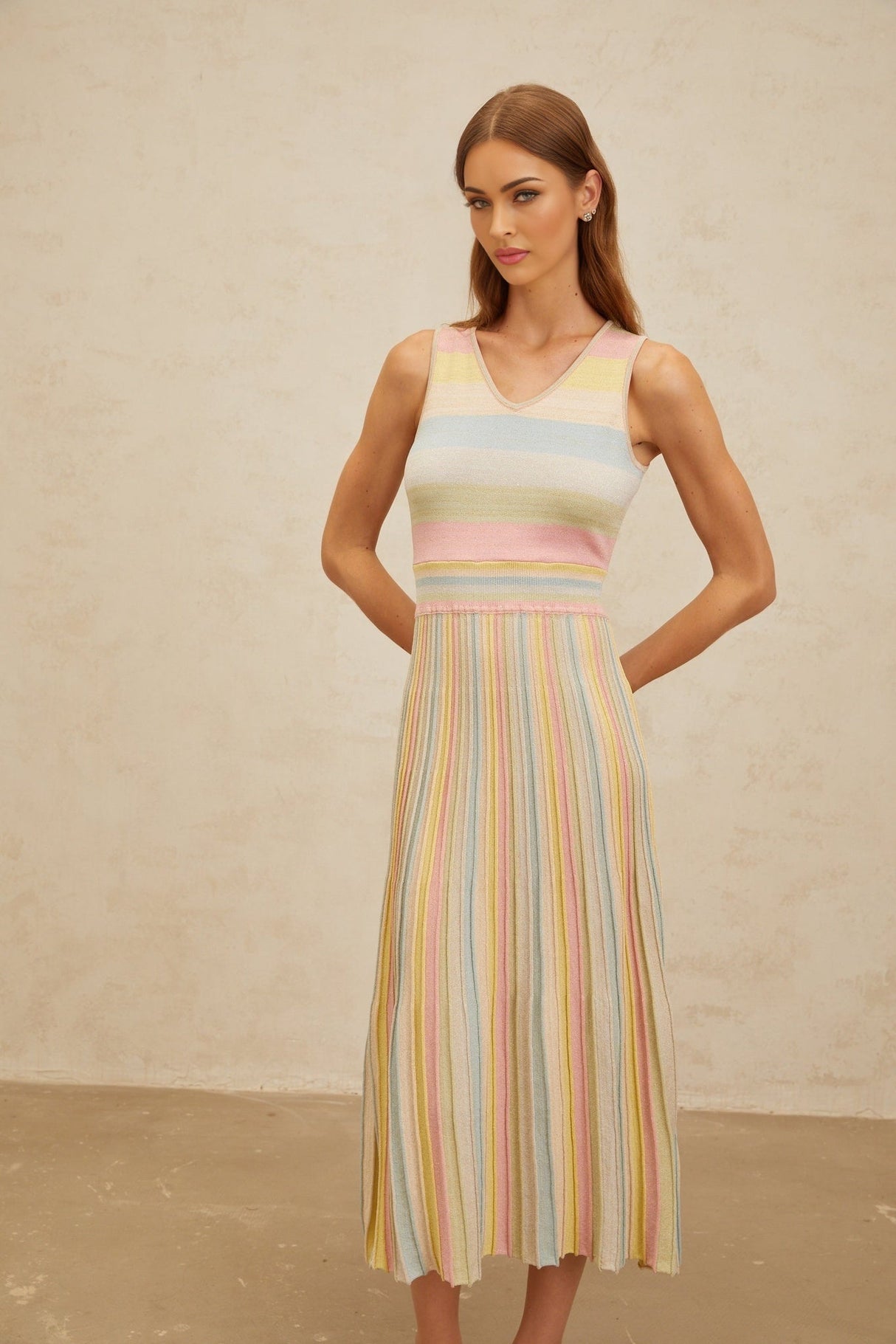 Angelica Midi Dress - Sleeveless - V - Neck - Fitted Waistline - Pleated Detailing - Stripe Pattern