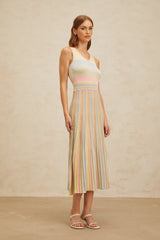 Angelica Midi Dress - Sleeveless - V - Neck - Fitted Waistline - Pleated Detailing - Stripe Pattern