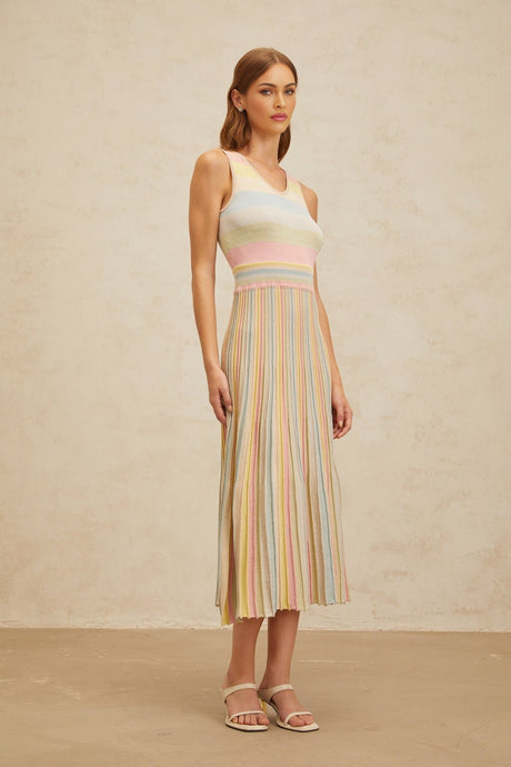 Angelica Midi Dress - Sleeveless - V - Neck - Fitted Waistline - Pleated Detailing - Stripe Pattern