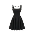Angelica Mini Dress - Camellia Decorated Square Neckline - Open Back Design - Spaghetti Straps - Fully Pleated
