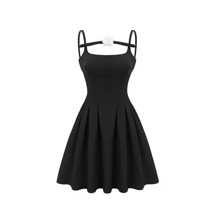 Angelica Mini Dress - Camellia Decorated Square Neckline - Open Back Design - Spaghetti Straps - Fully Pleated