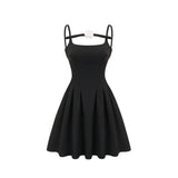 Angelica Mini Dress - Camellia Decorated Square Neckline - Open Back Design - Spaghetti Straps - Fully Pleated