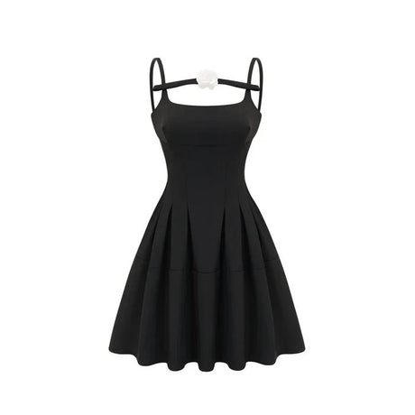Angelica Mini Dress - Camellia Decorated Square Neckline - Open Back Design - Spaghetti Straps - Fully Pleated