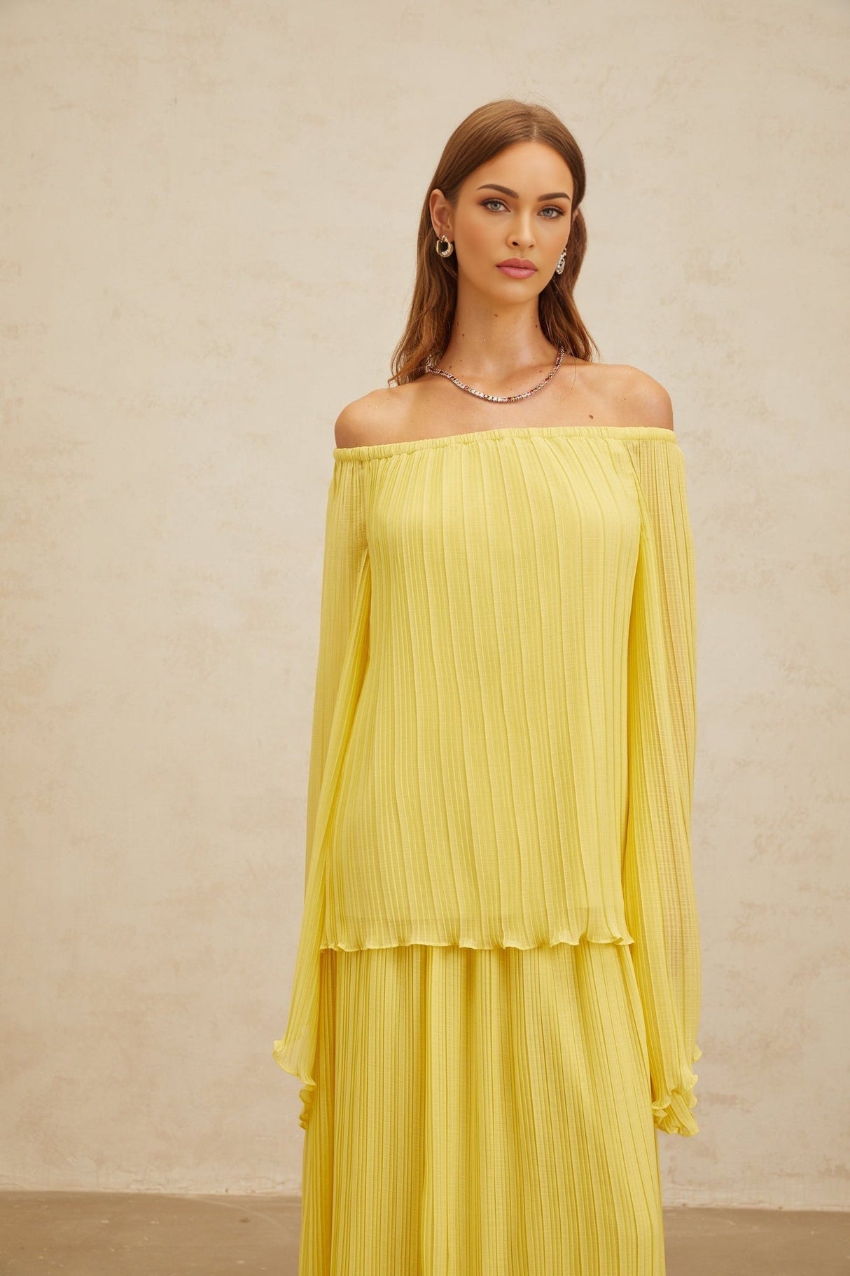 Angelina Blouse & Skirt Set - Vibrant Yellow - Off - The - Shoulder - Pleated Ruffled Hem