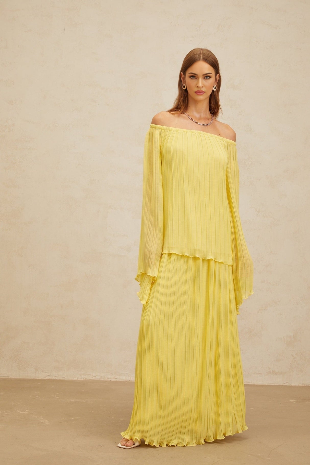 Angelina Blouse & Skirt Set - Vibrant Yellow - Off - The - Shoulder - Pleated Ruffled Hem