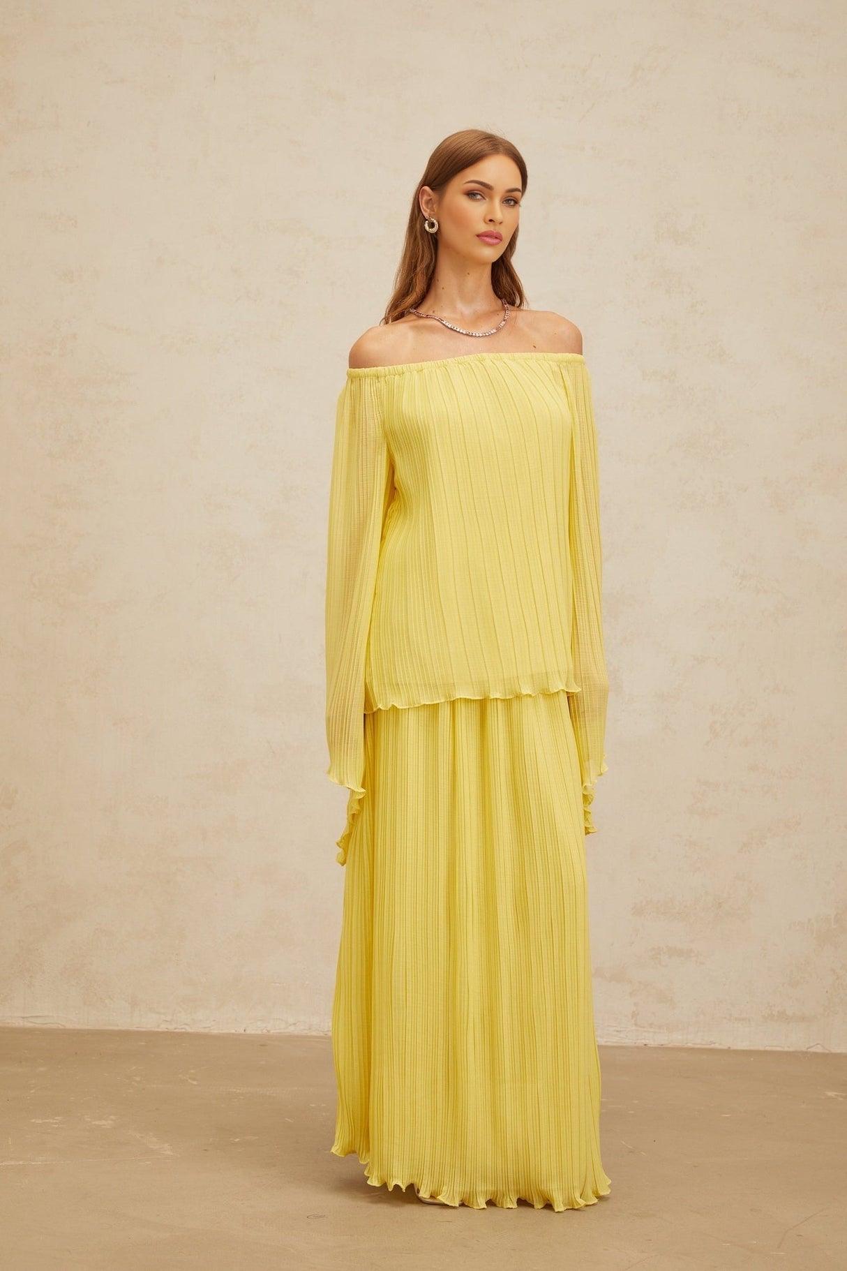 Angelina Blouse & Skirt Set - Vibrant Yellow - Off - The - Shoulder - Pleated Ruffled Hem