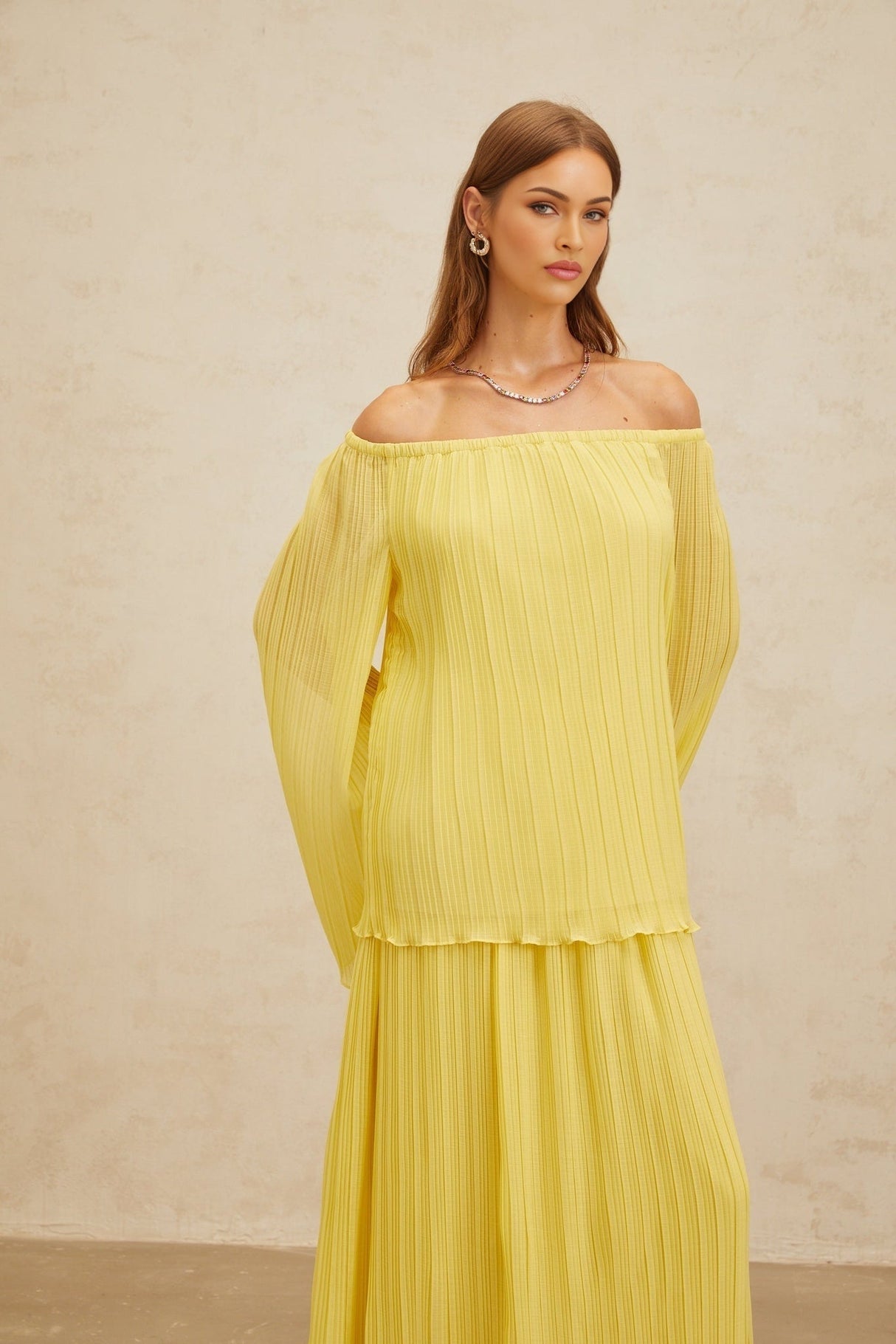 Angelina Blouse & Skirt Set - Vibrant Yellow - Off - The - Shoulder - Pleated Ruffled Hem