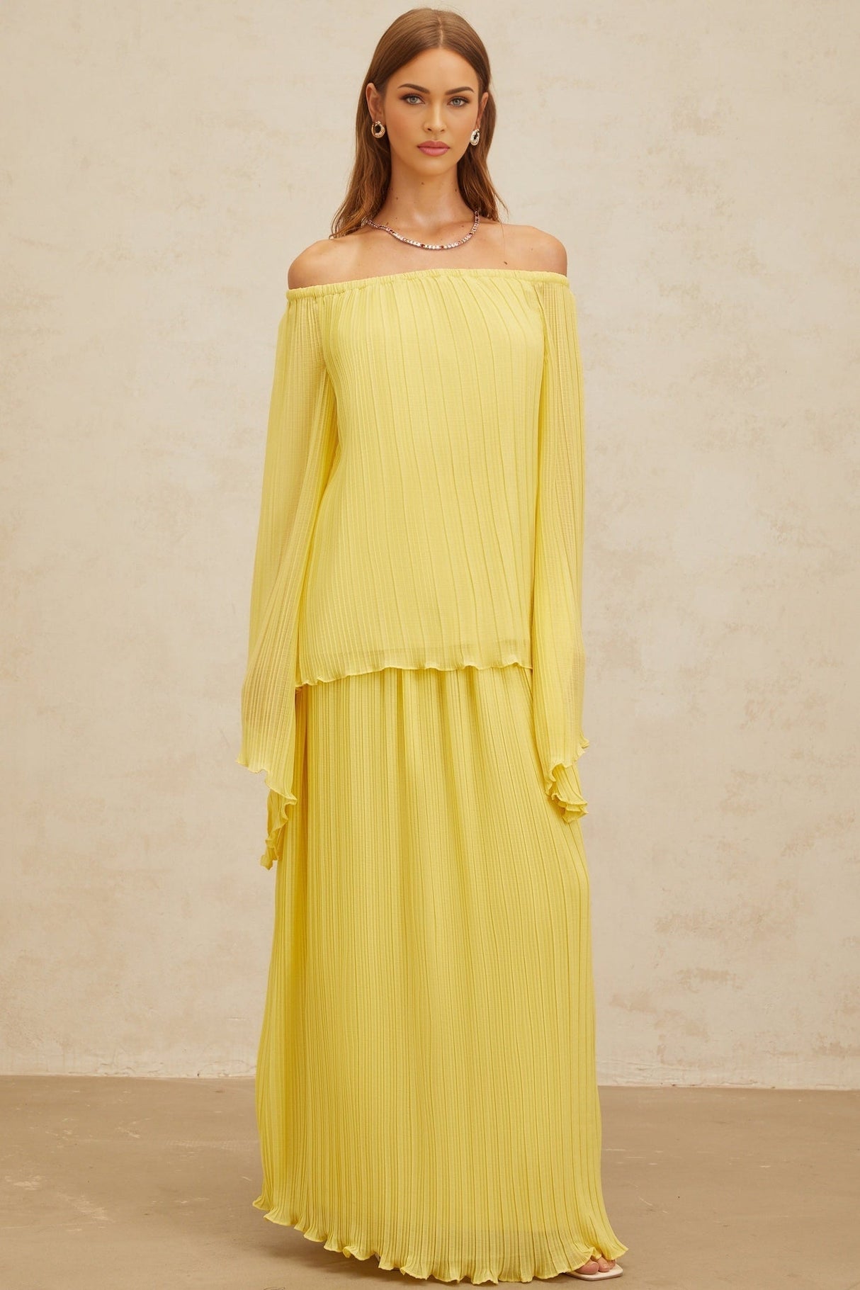 Angelina Blouse & Skirt Set - Vibrant Yellow - Off - The - Shoulder - Pleated Ruffled Hem