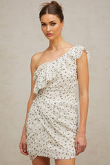 Angelina Mini Dress - One - shoulder design - Defined waistline - Stylish pattern - Delicate ruffled accents