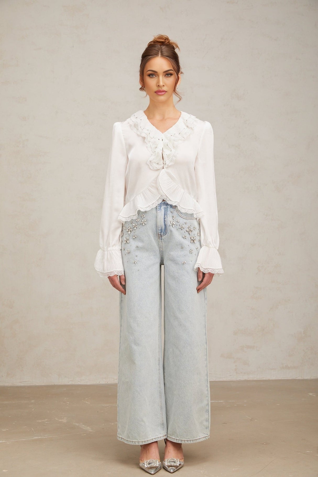Angelina Shirt - V - Neck - Long Flared Sleeves - Lace Trim - Rhinestone Embellishment