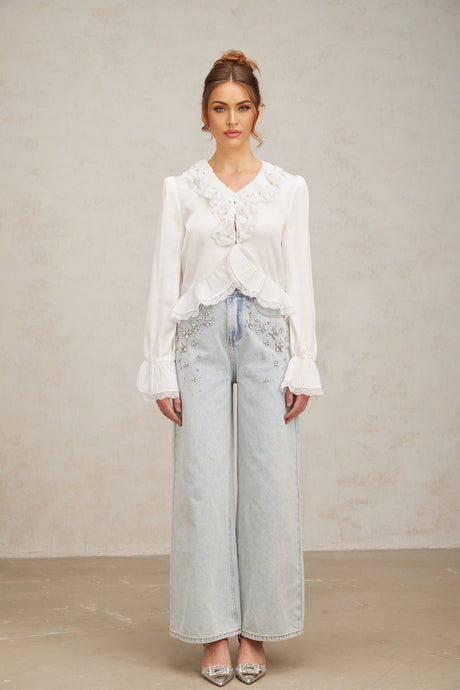 Angelina Shirt - V - Neck - Long Flared Sleeves - Lace Trim - Rhinestone Embellishment