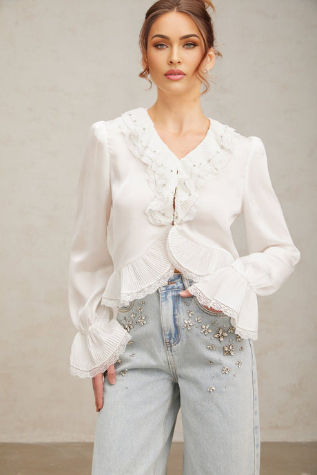 Angelina Shirt - V - Neck - Long Flared Sleeves - Lace Trim - Rhinestone Embellishment