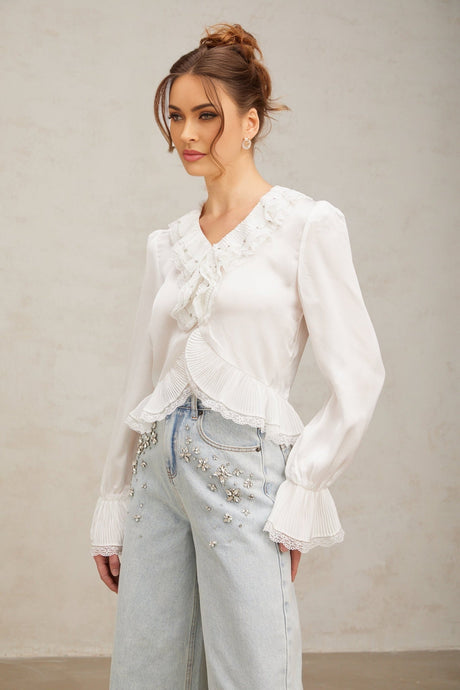 Angelina Shirt - V - Neck - Long Flared Sleeves - Lace Trim - Rhinestone Embellishment